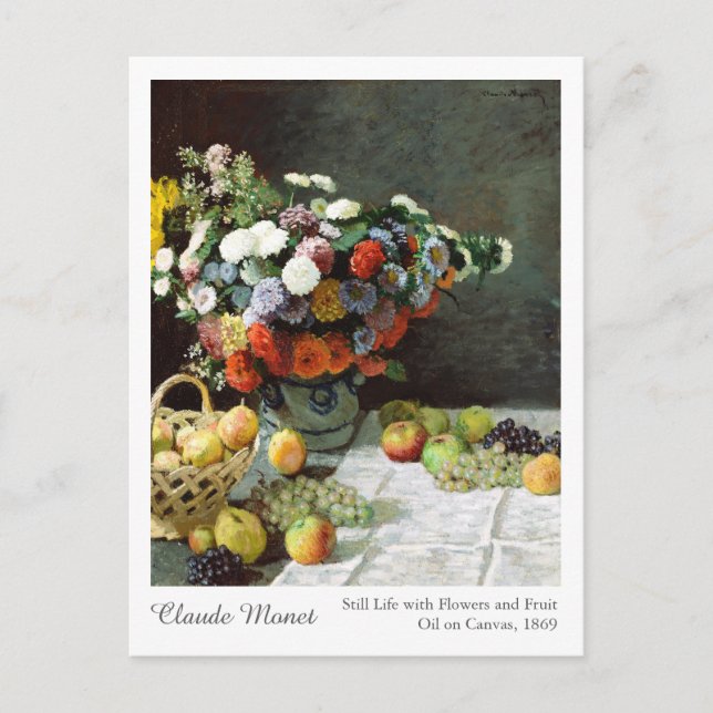 Cartão Postal Claude Monet Ainda vive com flores e Frutas (Frente)