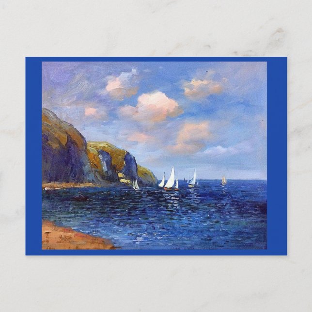 Cartão Postal Claude Monet, Falésias e Barcos à Vela em Pourvill (Frente)
