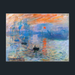 Cartão Postal Claude Monet's Sunrise<br><div class="desc">O "Sunrise" de Claude Monet é uma pintura famosa que foi criada em 1872. Ele mostra a ascensão solar sobre o porto de Le Havre, uma cidade na França onde Monet era nascer. A pintura é conhecida por suas cores brilhantes e atmosfera nebulosa, que captura a beleza e a tranquilidade...</div>