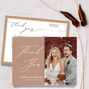 Cartão Postal Clay Elegant Script Modern Photo Weding Obrigado