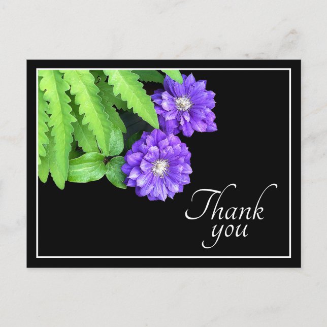 Cartão Postal Clematite Roxa E Folhagem Verde Obrigado (Frente)