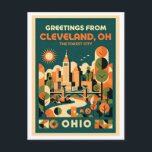 Cartão Postal Cleveland Ohio Forest City Retro Travel<br><div class="desc">Cleveland Ohio Forest City Retro Travel Postcard, Colorful 1930s Style Graphic Design, Vintage Inspired Greetings Souvenir POD Description: Celebrate the charm of Cleveland – “The Forest City” with this vibrant retro-inspired travel postcard! Designed in a bold 1930s vintage travel poster style, this artistic rendering captures the spirit of classic American...</div>