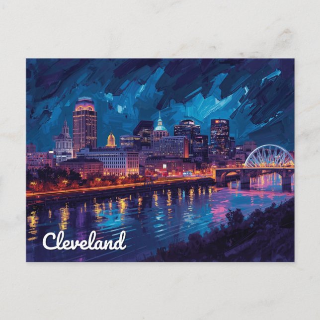 Cartão Postal Cleveland Ohio Night River Art (Frente)