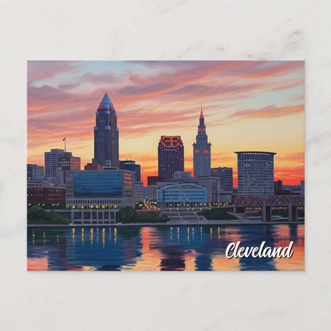 Cartão Postal Cleveland Ohio Skyline Sunset (Frente)