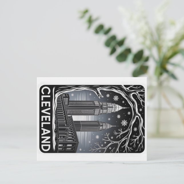 Cartão Postal Cleveland Ohio Skyline Winter Woodcut Black&White (Em pé/Frente)