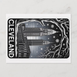 Cartão Postal Cleveland Ohio Skyline Winter Woodcut Black&White