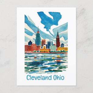 Cartão Postal Cleveland Ohio Watercolor Skyline