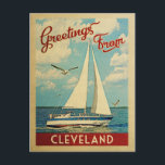 Cartão Postal Cleveland Sailboat Viagens vintage Ohio<br><div class="desc">Esta saudação de Cleveland Ohio viagens vintage náutica apresenta um barco navegando na água com gaivotas e um céu azul cheio de lindas nuvens brancas puffy.</div>