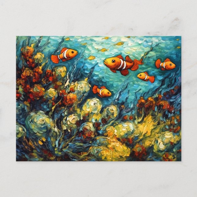 Cartão Postal Clownfish in Swirling Coral Reef Painting (Frente)