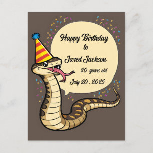 Cartão Postal Cobra cascavel usando chapéu de aniversário desenh
