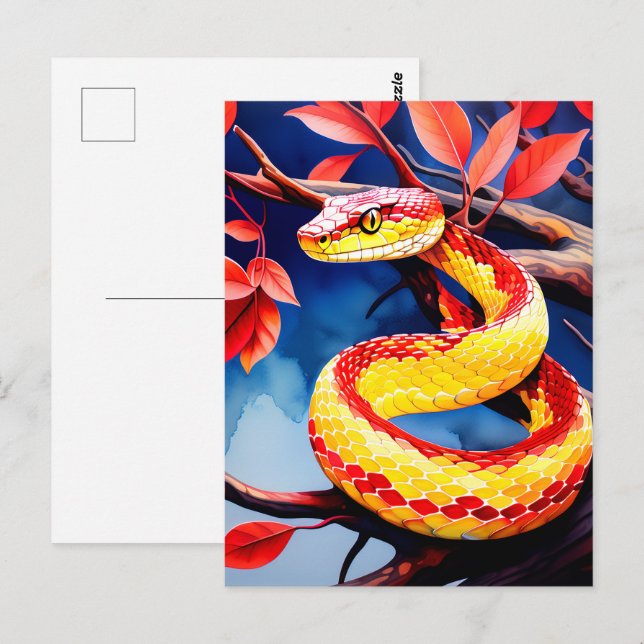 Cartão Postal Cobra com balanças vibrantes, vermelhas e amarelas (Frente/Verso)