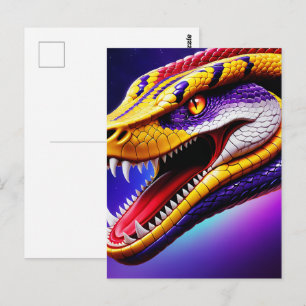 Cartão Postal Cobra vibrante escamas vermelhas roxas brancas e a