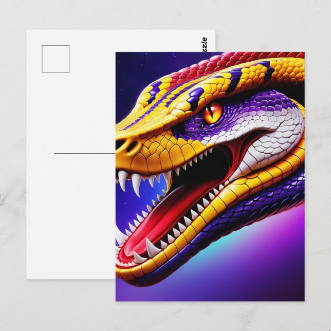 Cartão Postal Cobra vibrante escamas vermelhas roxas brancas e a (Frente/Verso)