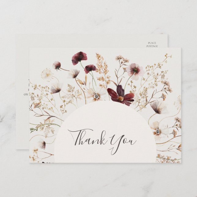 Cartão Postal Cobre Borgonha Flor Silvestre Bege Casamento Agrad (Frente/Verso)