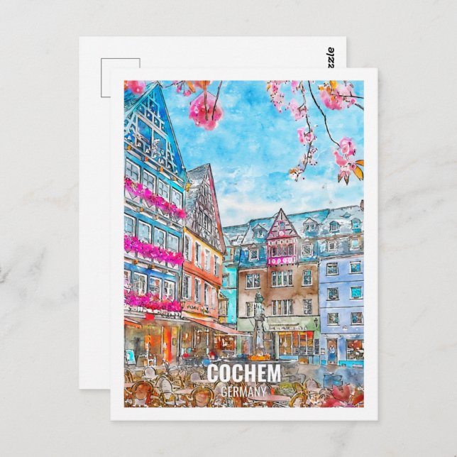 Cartão Postal Cochem Germany Viagem Place Watercolor (Frente/Verso)