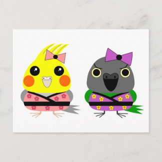 Cartão Postal Cockatiel e papagaio Senegal em Kimonos