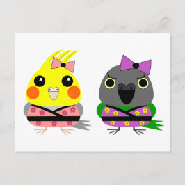 Cartão Postal Cockatiel e papagaio Senegal em Kimonos