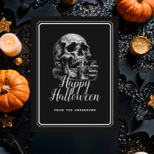 Cartão Postal Cocktail de uísque Vintage Black Skull Halloween