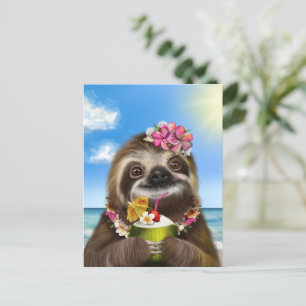 Cartão Postal Cocktail Sloth na praia
