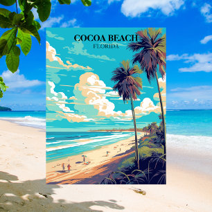 Cartão Postal Cocoa Beach Flórida Palmeiras e Praia Retrô
