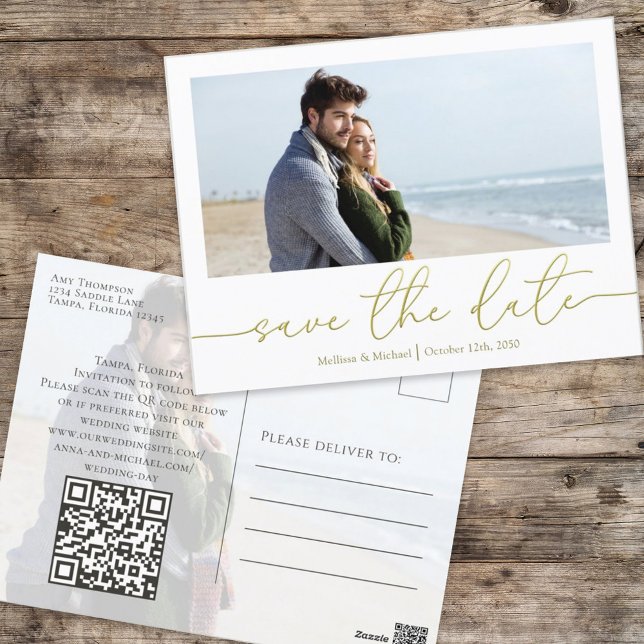 Cartão Postal Cód. QR de Fotografia Moderna com Caligrafia Doura (Criador carregado)