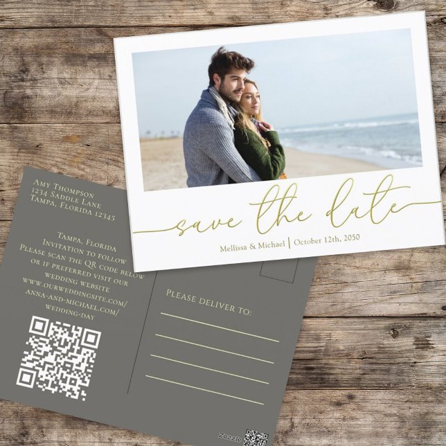 Cartão Postal Cód. QR de Fotografia Moderna com Caligrafia Doura (Criador carregado)