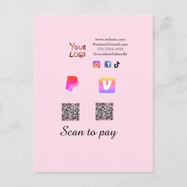 Cartão Postal código Q R PayPal venmo digitalize pagar adicionar (Frente)