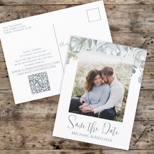 Cartão Postal Código QR de Casamento Floral Azul Simples Dusty E