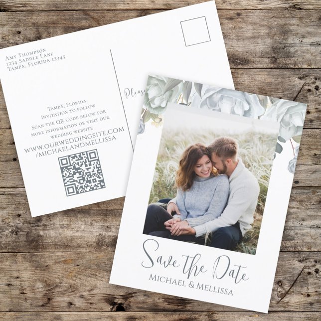 Cartão Postal Código QR de Casamento Floral Azul Simples Dusty E (Criador carregado)