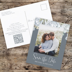 Cartão Postal Código QR de Casamento Floral Azul Simples e Elega