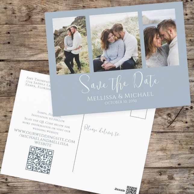 Cartão Postal Código QR de Colagem de Fotografias Simples e Azul (Criador carregado)