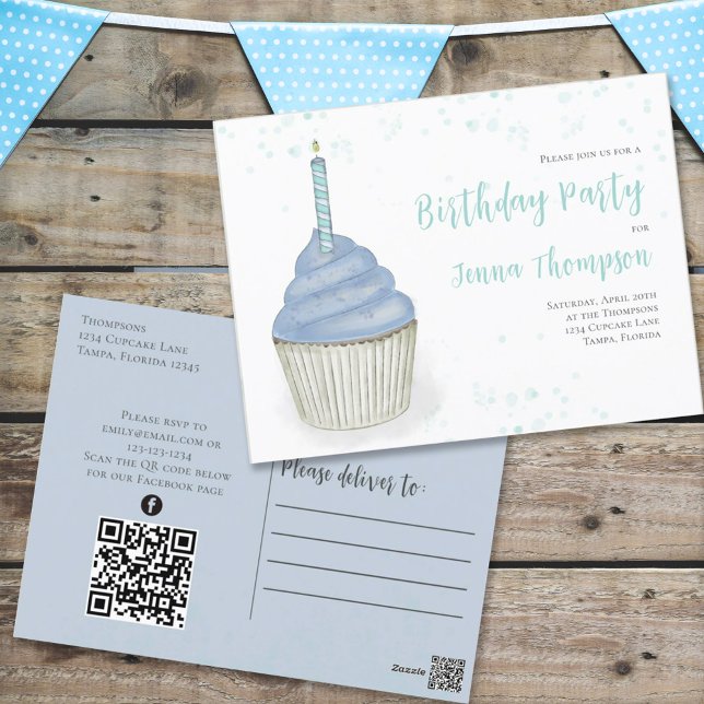 Cartão Postal Código QR de Cupcake Azul Fofo Mídia Social Capric (Criador carregado)
