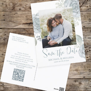 Cartão Postal Código QR de Foto Floral Azul Empoeirado Simples M