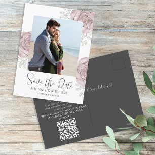 Cartão Postal Código QR de Foto Floral Rosa Poeirento Simples Mo