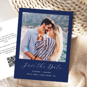 Cartão Postal Código QR de Foto Minimalista Azul Marinho Save th