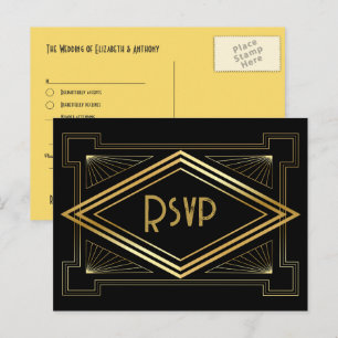 Cartão Postal Código QR de RSVP de Casamento Art Déco Preto e Do
