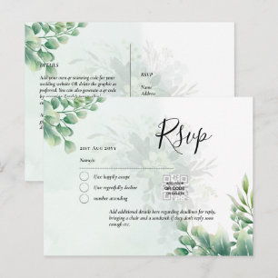 Cartão Postal CÓDIGO QR RSVP Folhas de Eucalipto Vegetação Casam