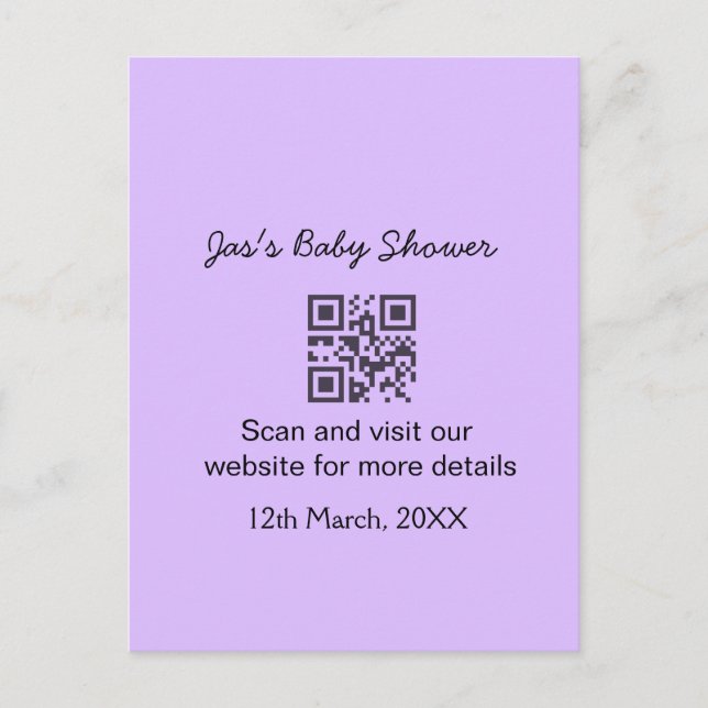 Cartão Postal Código QR simples roxo para chá de bebê adicionar  (Frente)