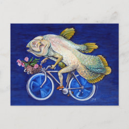 Cartão Postal Coelacanto Fóssil Vivo Em Uma Bicicleta Com Azul