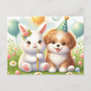 Cartão Postal Coelhinho Bonito e Puppy Bonito