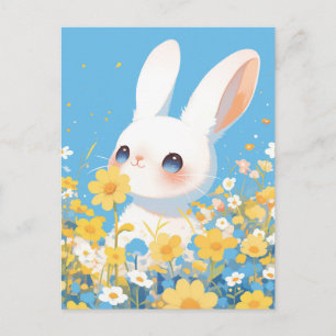 Cartão Postal Coelhinho Branco Doce em Prado Ensolarado de Flore