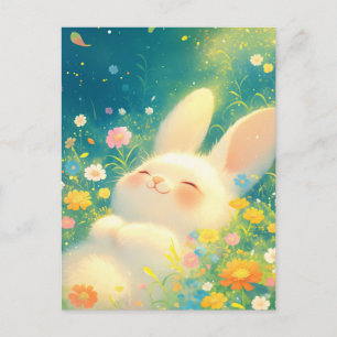 Cartão Postal Coelhinho Branco Feliz no Prado de Flores Mágicas