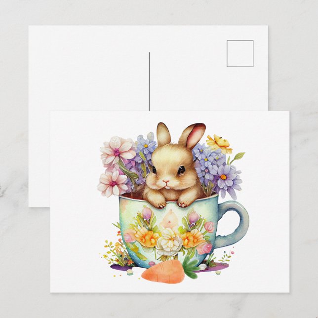 Cartão Postal Coelhinho de Aquarela Bonito na Taça Flor de Tea (Frente/Verso)