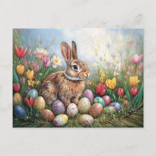 Cartão Postal Coelhinho de Páscoa com Tulipas Coloridas