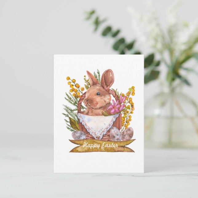 Cartão Postal Coelhinho de Páscoa num cesto (Em pé/Frente)