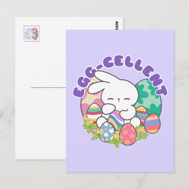 Cartão Postal Coelhinho e Ovos de Páscoa sorridentes - Primavera (Frente/Verso)