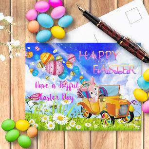 Cartão Postal Coelhinho Feliz Entregando Ovos de Páscoa Colorido
