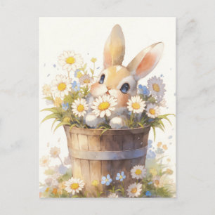 Cartão Postal Coelhinho Fofo em Balde de Margarida de Madeira