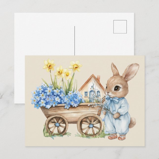Cartão Postal Coelhinho Personalizado com Flores Azuis (Frente/Verso)