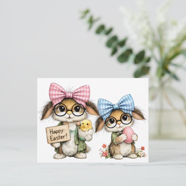 Cartão Postal Coelhinhos de Páscoa Caprichosos  (Em pé/Frente)